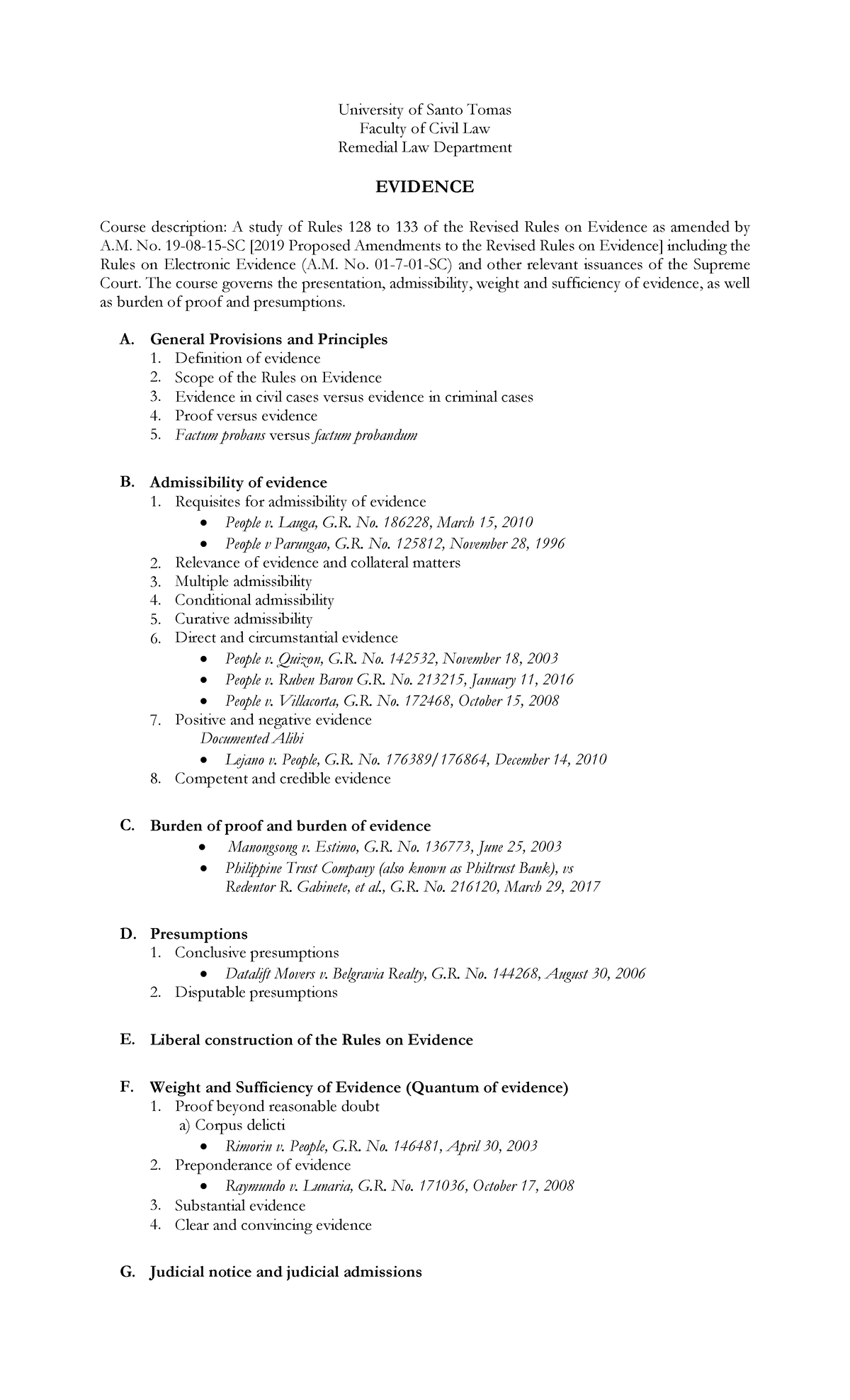 2020 Revised Evidence Syllabus with 2019 amendments on rules on ...