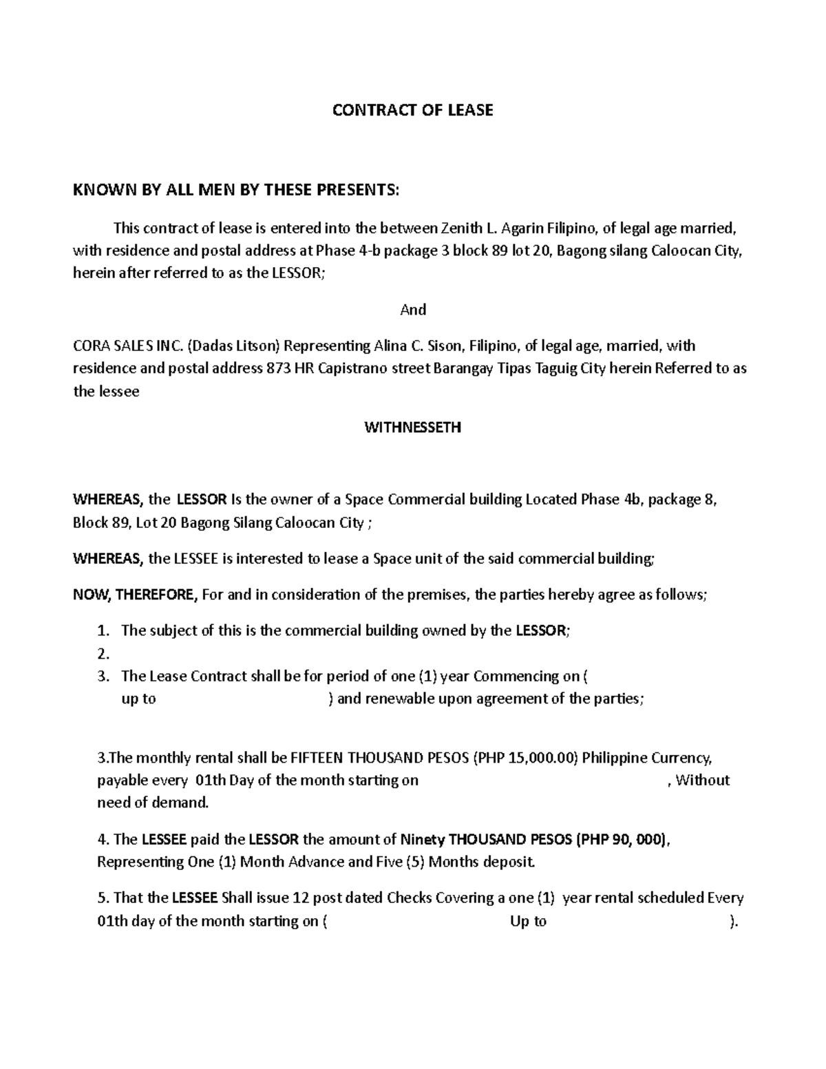 Contract OF Lease - 0000 - CONTRACT OF LEASE KNOWN BY ALL MEN BY THESE ...