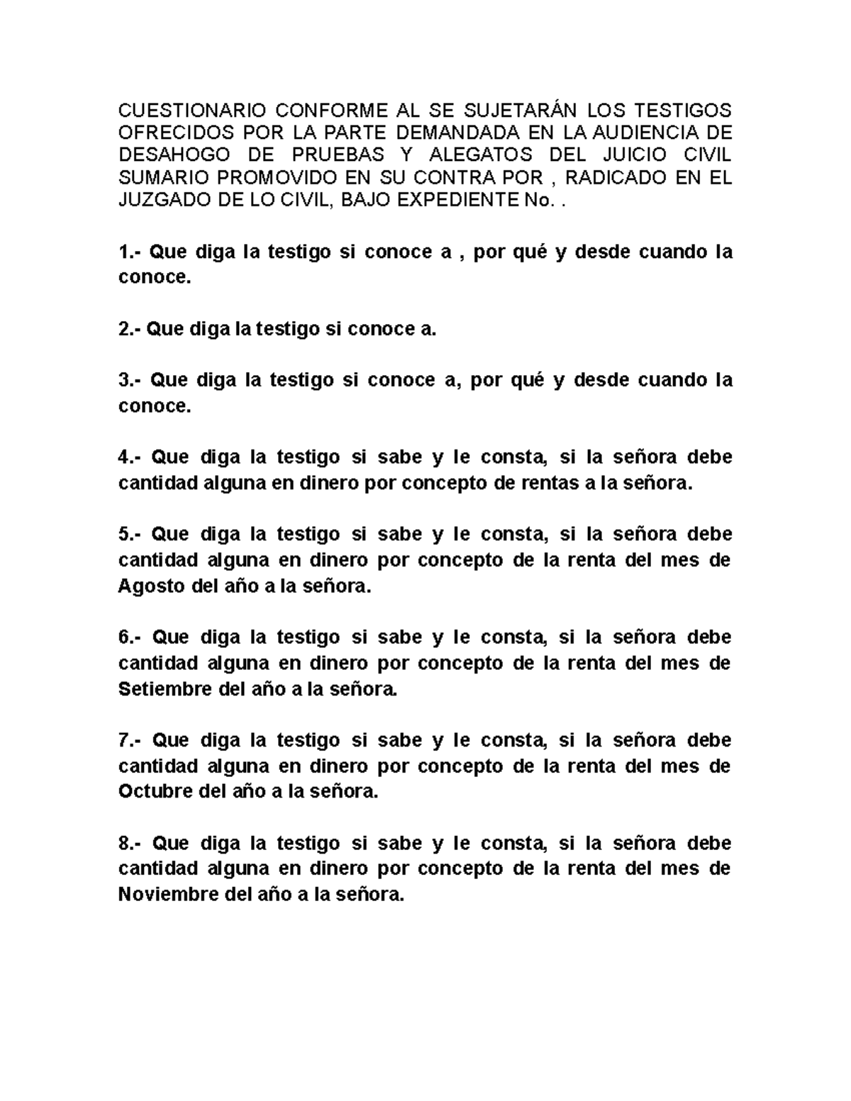 cuestionario testigo CUESTIONARIO CONFORME AL SE SUJETARÁN LOS