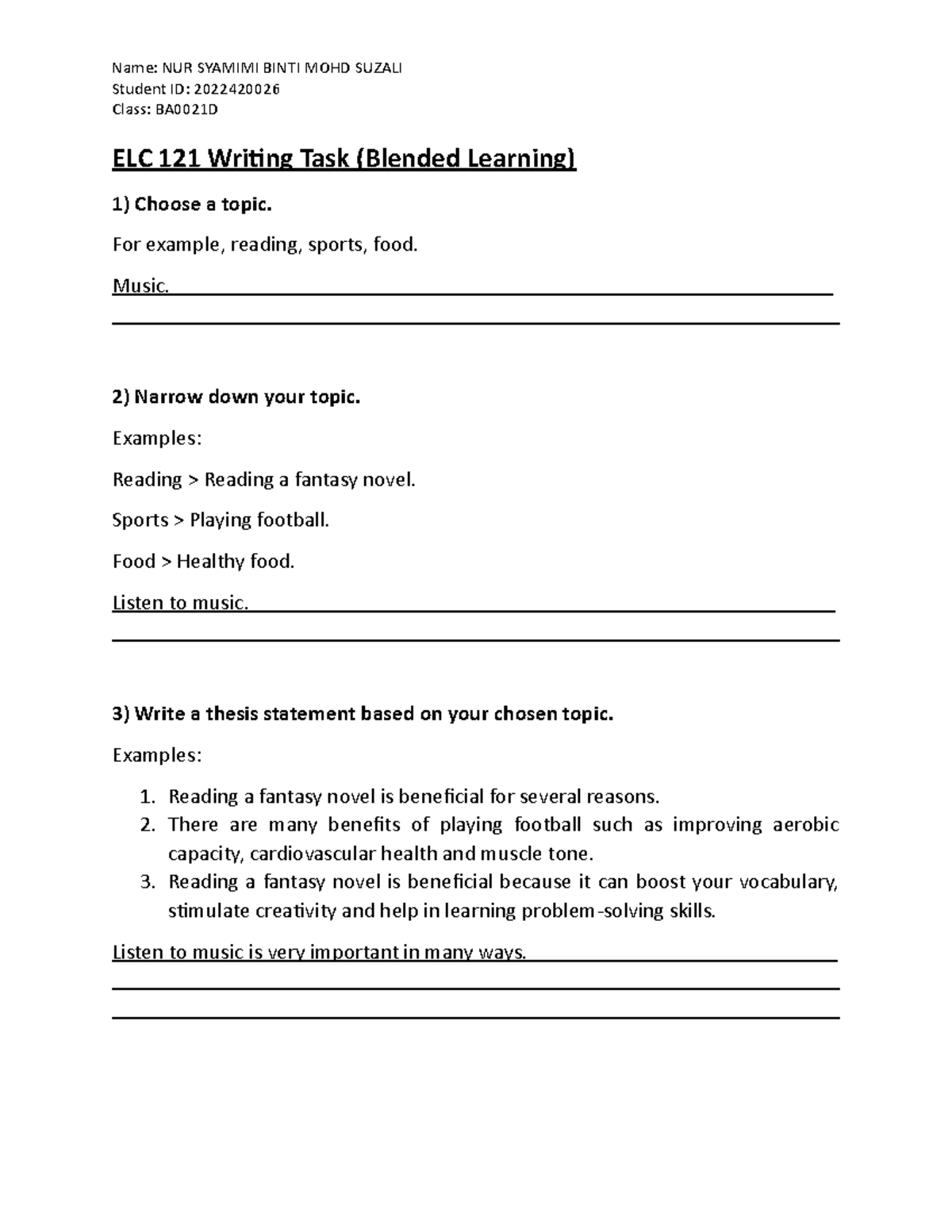 ELC 121 Writing TASK - Name: NUR SYAMIMI BINTI MOHD SUZALI Student ID ...