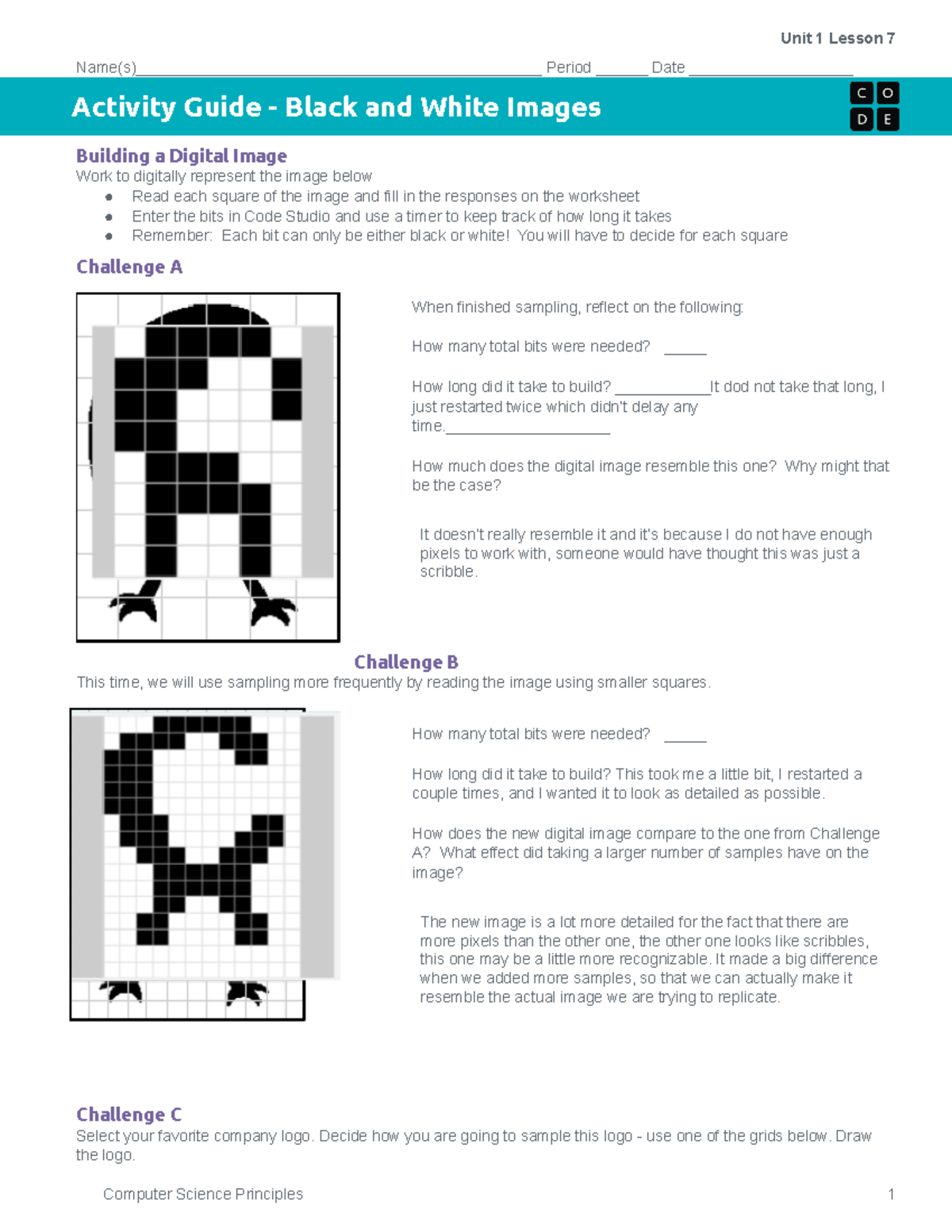 Copy of Activity Guide - Black and White Images - Unit 1 Lesson 7 ...