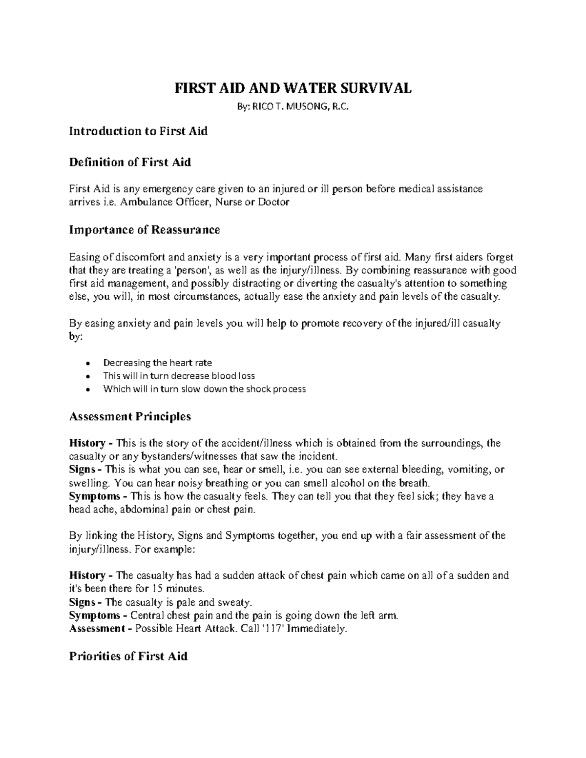 First Aid and Water Survival Studocu