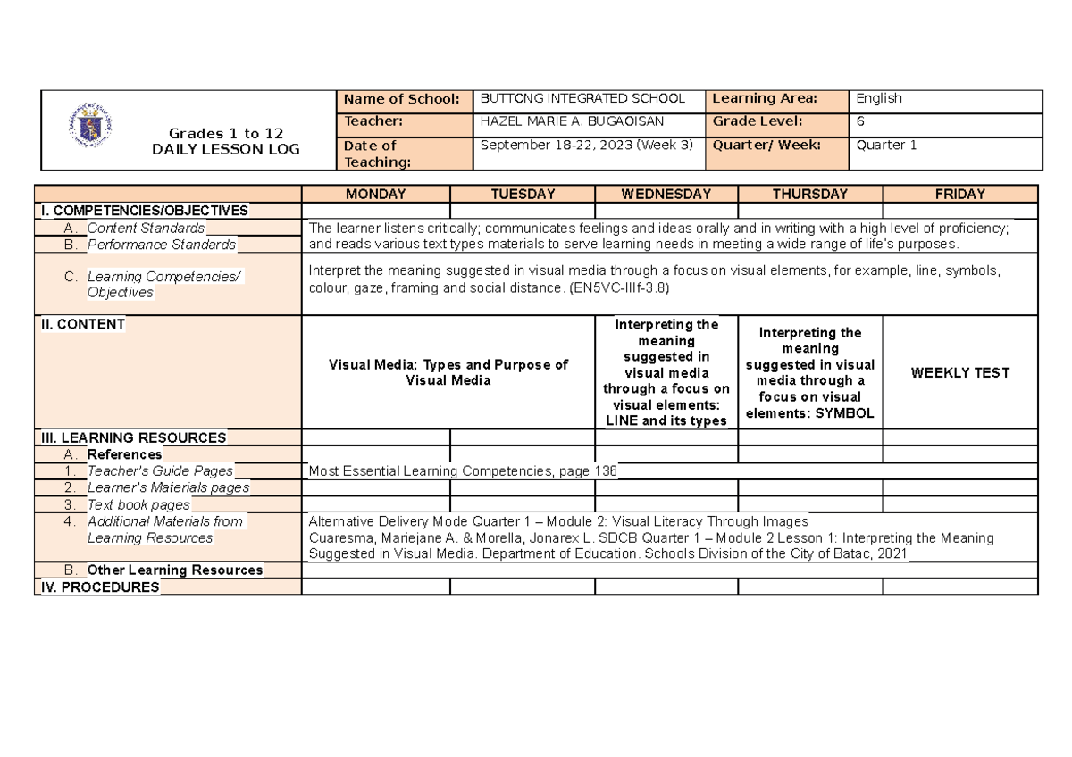 DLL English 6 Q1 Week3 DRPM - Grades 1 to 12 DAILY LESSON LOG Name of ...