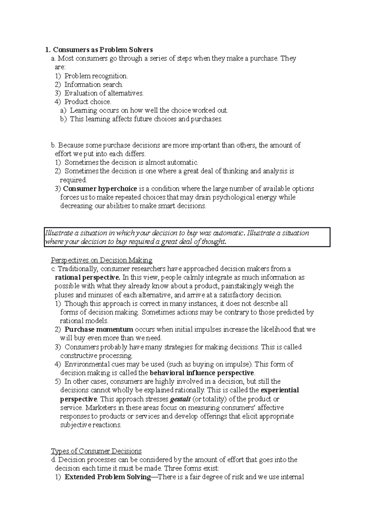Consumer Decision Making - 1. Consumers as Problem Solvers a. Most ...