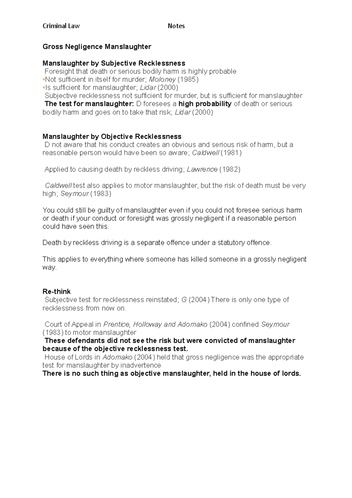 Gross Negligence Manslaughter - Criminal Law Notes Gross Negligence ...