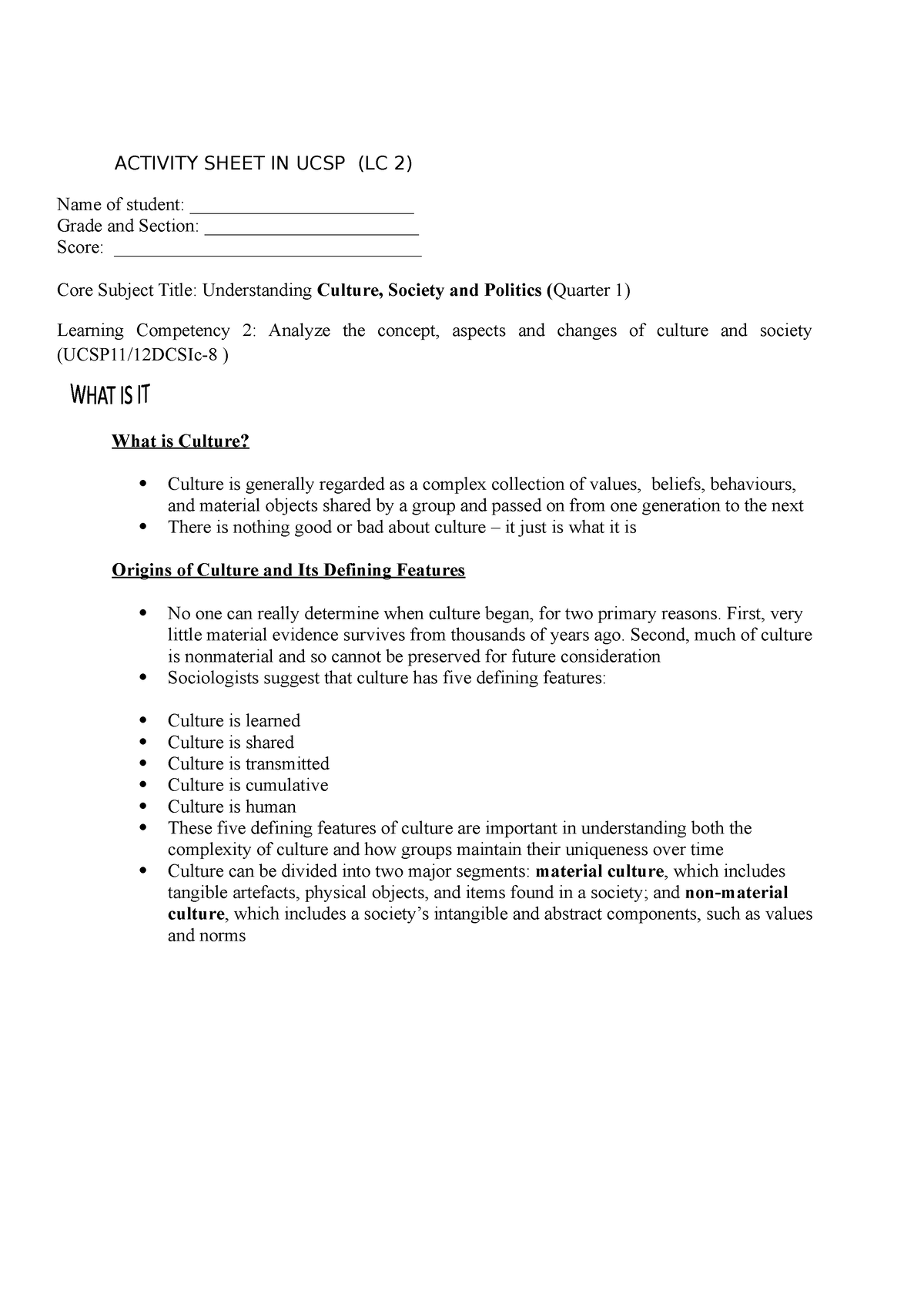 Activity Sheet IN UCSP LC 2 - ACTIVITY SHEET IN UCSP (LC 2) Name of ...