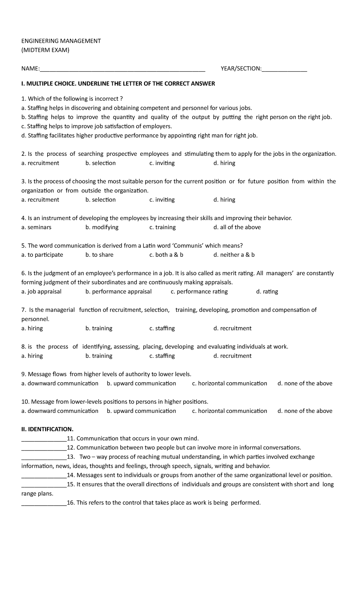 Engineering Management Midterm EXAM - Civil Engineering - Studocu