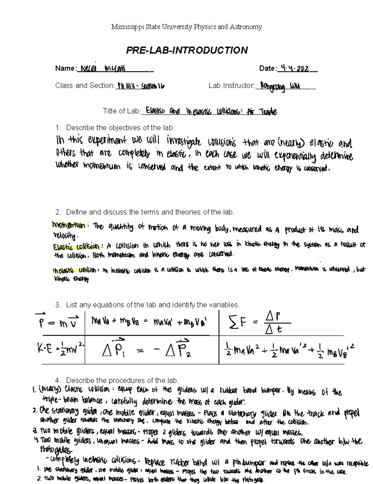 Elastic and Inelastic collisions - Mississippi State University Physics ...