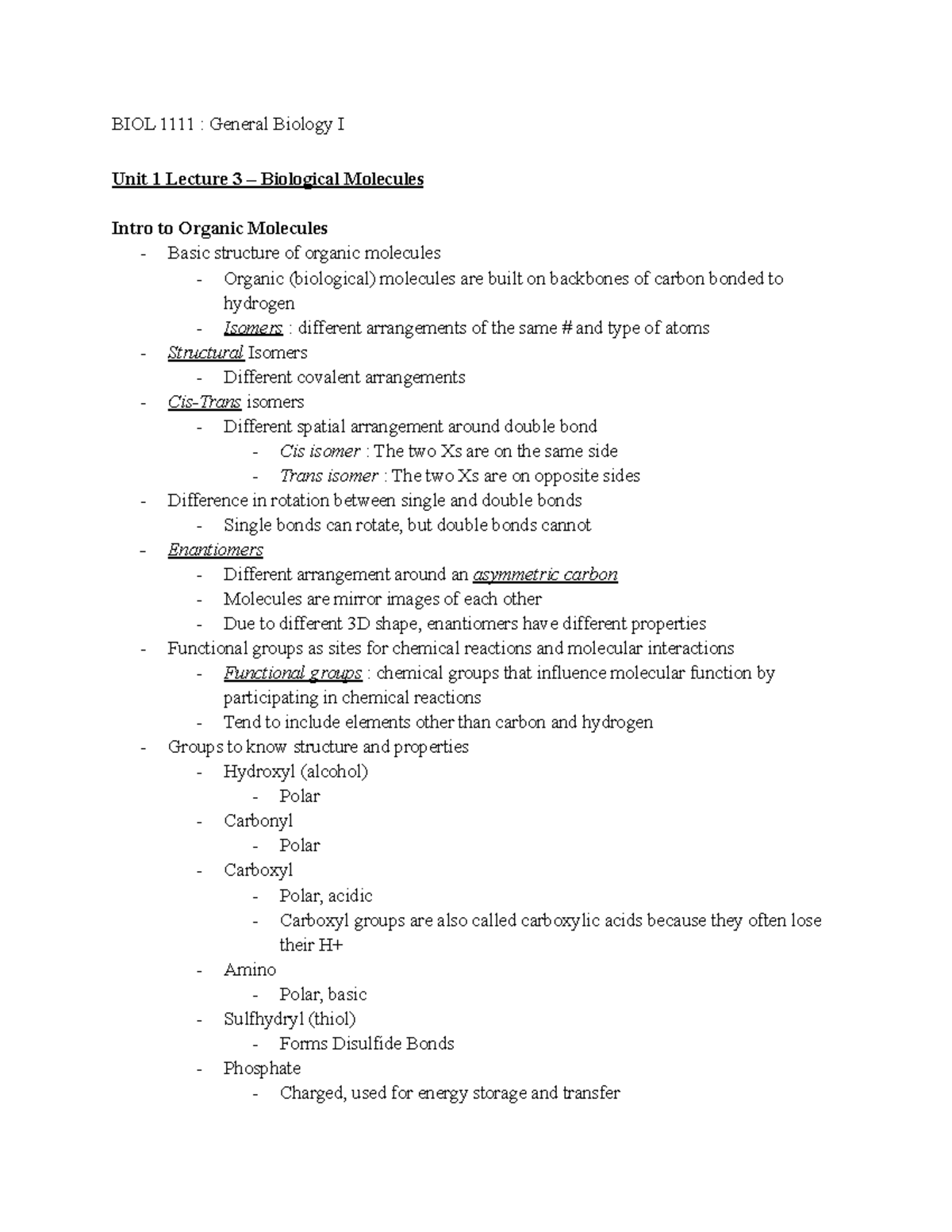 Unit 1 Lecture 3 – Biological Molecules - BIOL 1111 : General Biology I ...