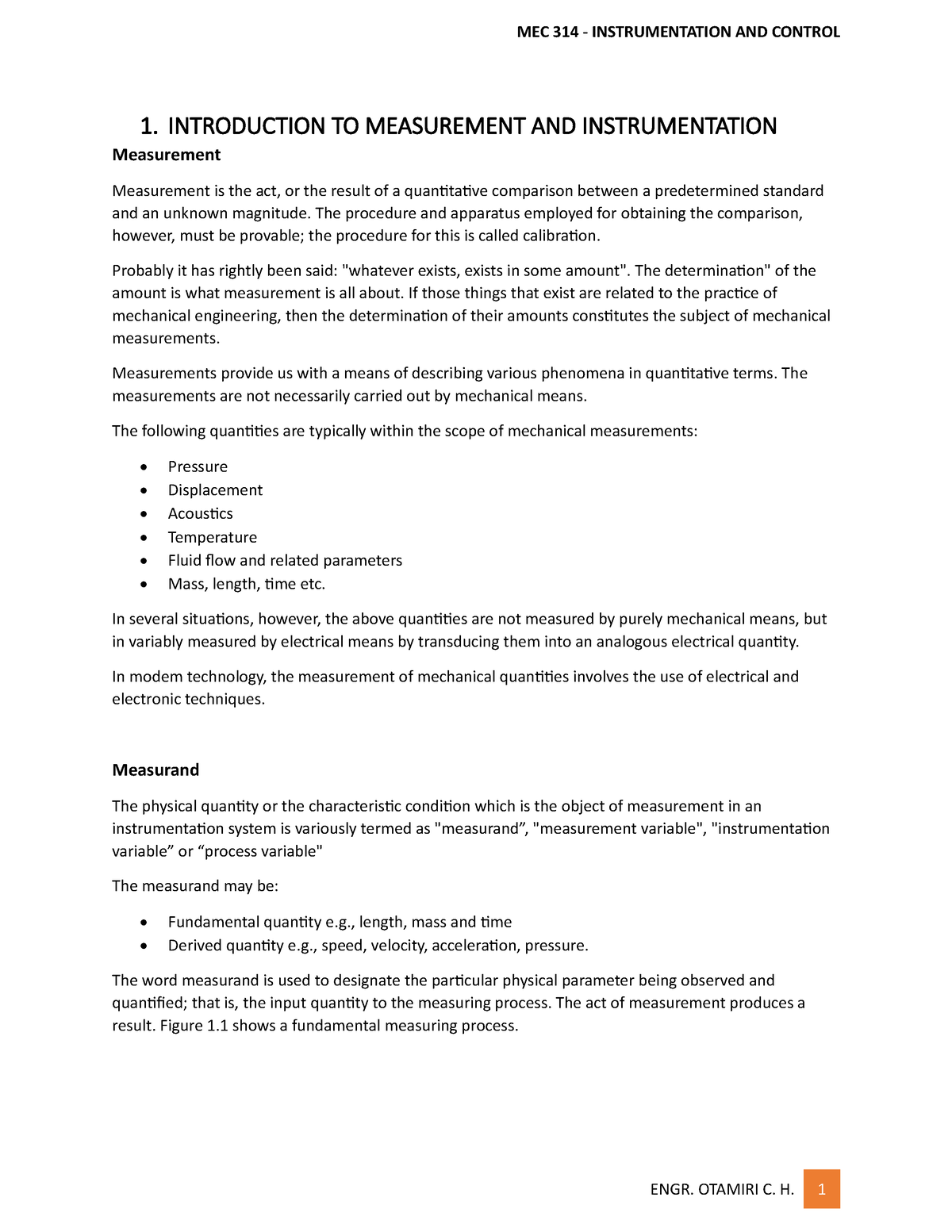 Instrumentation AND Control - 1. INTRODUCTION TO MEASUREMENT AND ...