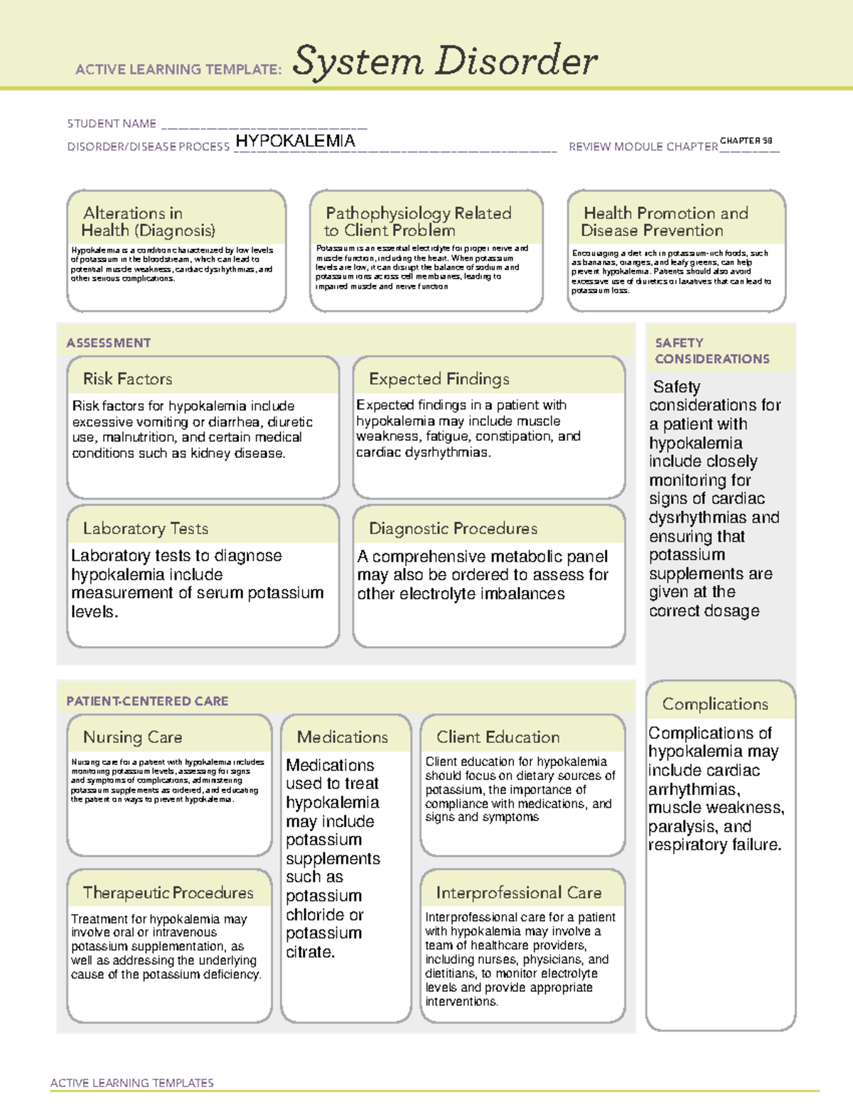 Hypokalemia - n/a - ACTIVE LEARNING TEMPLATES System Disorder STUDENT ...