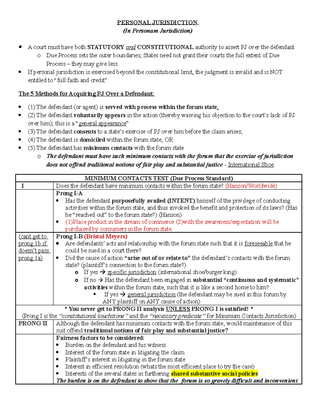 Civ pro outline for first semester PERSONAL JURISDICTION (In Personam Jurisdiction) A court