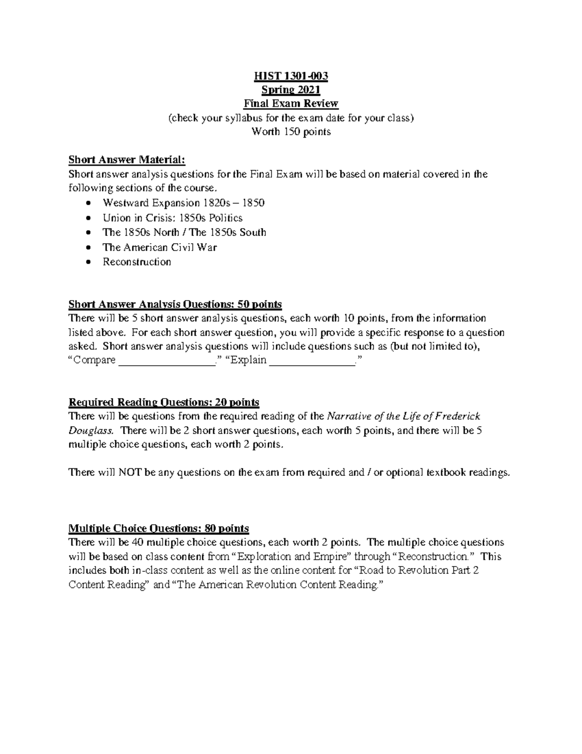 HIST 1301-003 Final EXAM Review Sheet - HIST 1301- Spring 2021 Final ...