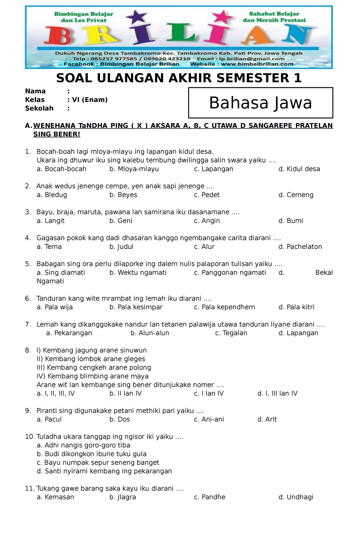 Soal UAS Bahasa Jawa Kelas 6 SD Semester 1 (Ganjil) Dan Kunci Jawaban ...