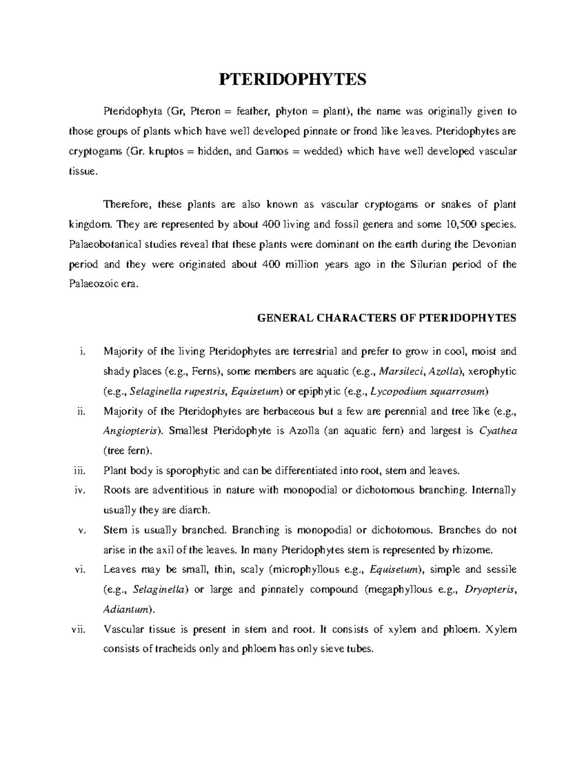 Pteridophyte - Easy notes - PTERIDOPHYTES Pteridophyta (Gr, Pteron ...