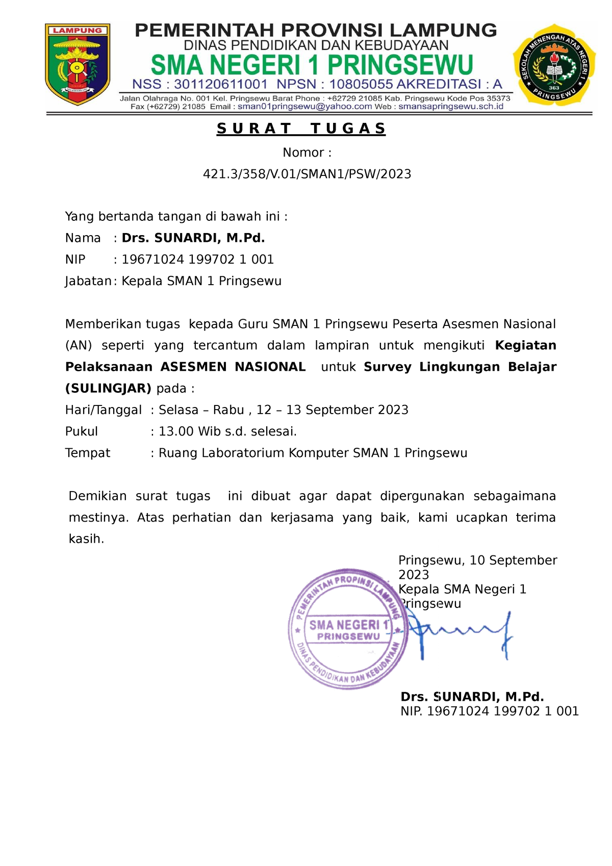 Surat Tugas Sulingjar Anbk S U R A T T U G A S Nomor 4213358vsman1psw Yang Bertanda 1255