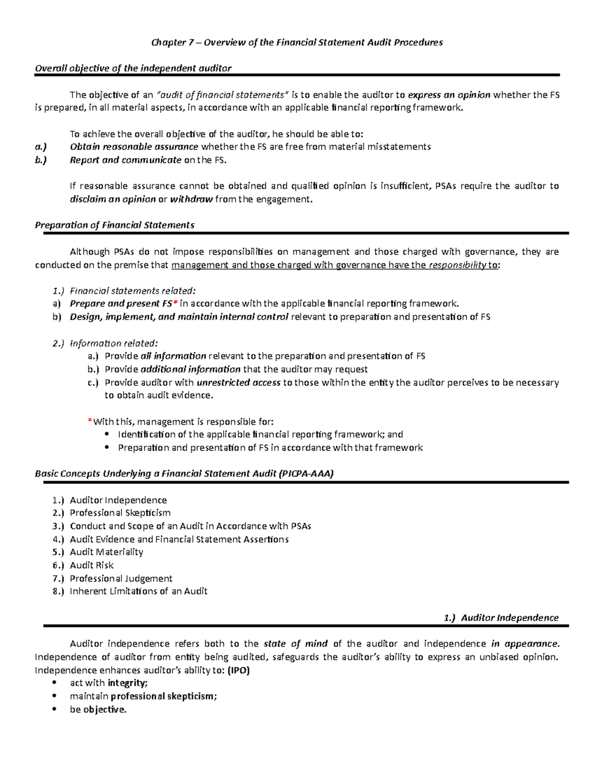 Auditing And Assurance Principles Ireneo Chapter 7 Summary Chapter 7 Overview Of The 0269