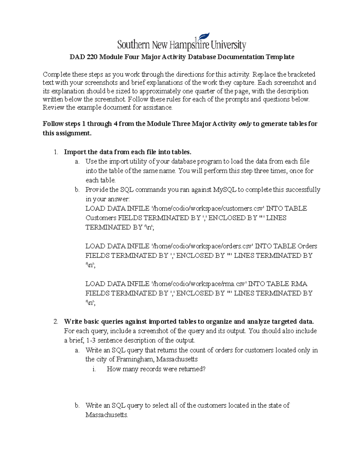 DAD 220 Module Four Major Activity Database Documentation - Replace the ...