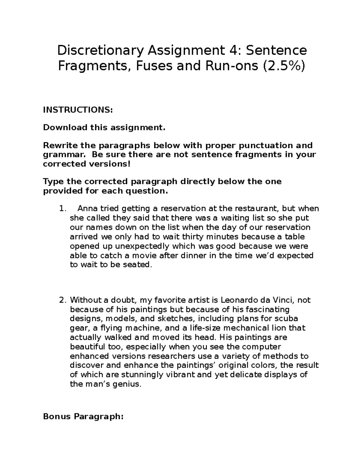 Discretionary Assignment 4 Fragments Fuses Run ons1 Discretionary 