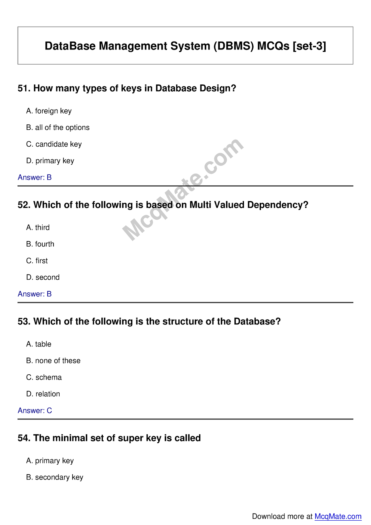 Database-management-system Solved MCQs [set-3] Mcq Mate - DataBase ...