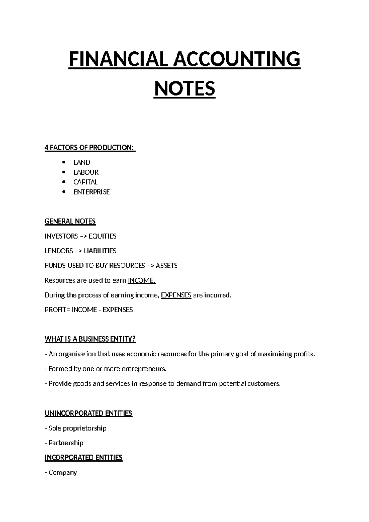 Financial Accounting Notes - FINANCIAL ACCOUNTING NOTES 4 FACTORS OF ...