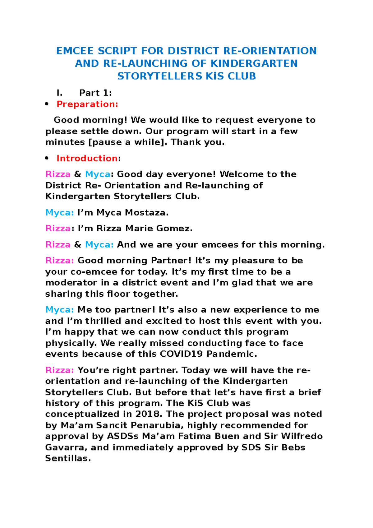 Emcee Script FOR Ki S Club Orientation EMCEE SCRIPT FOR DISTRICT RE 