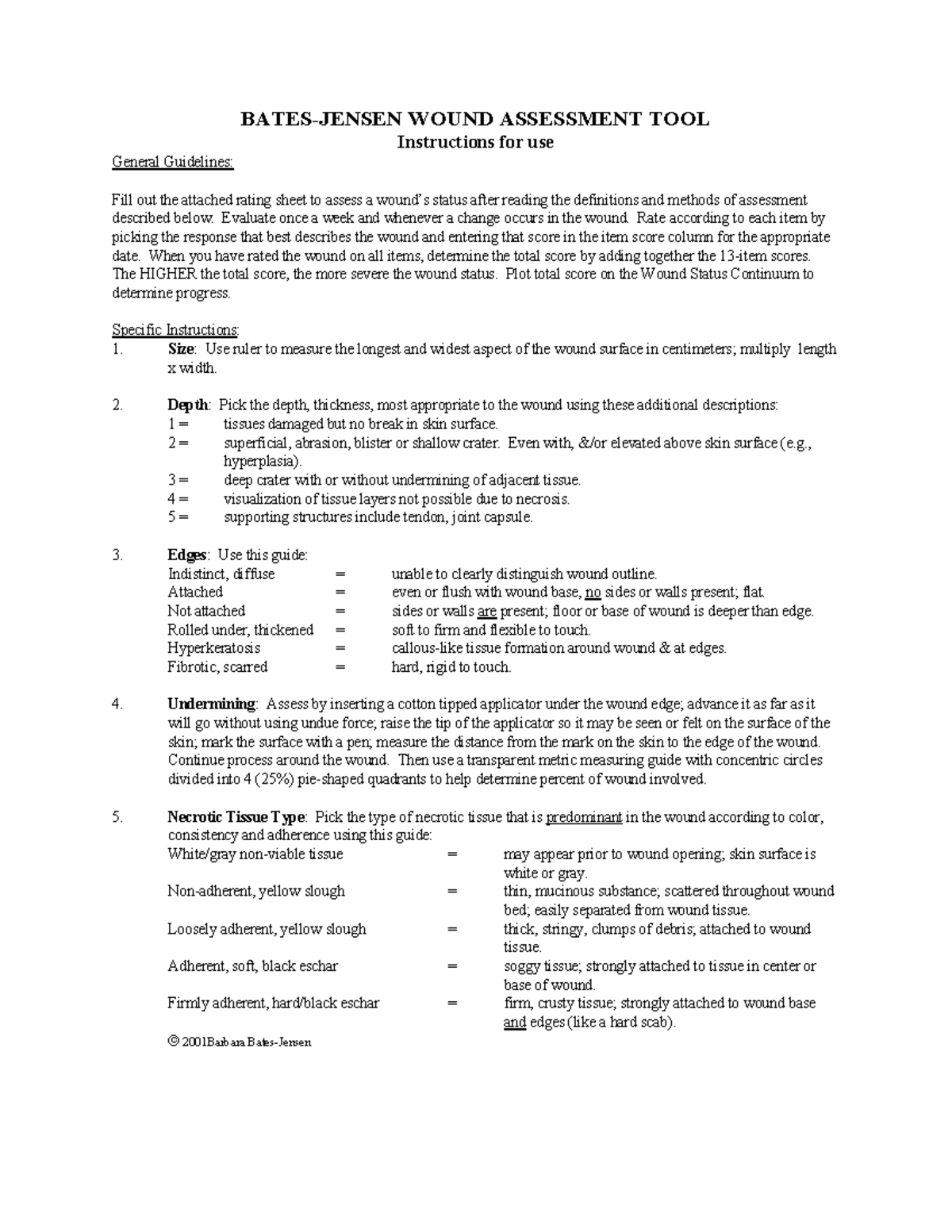 Bates Jensen Wound Assessment Tool - BATES-JENSEN WOUND ASSESSMENT TOOL ...