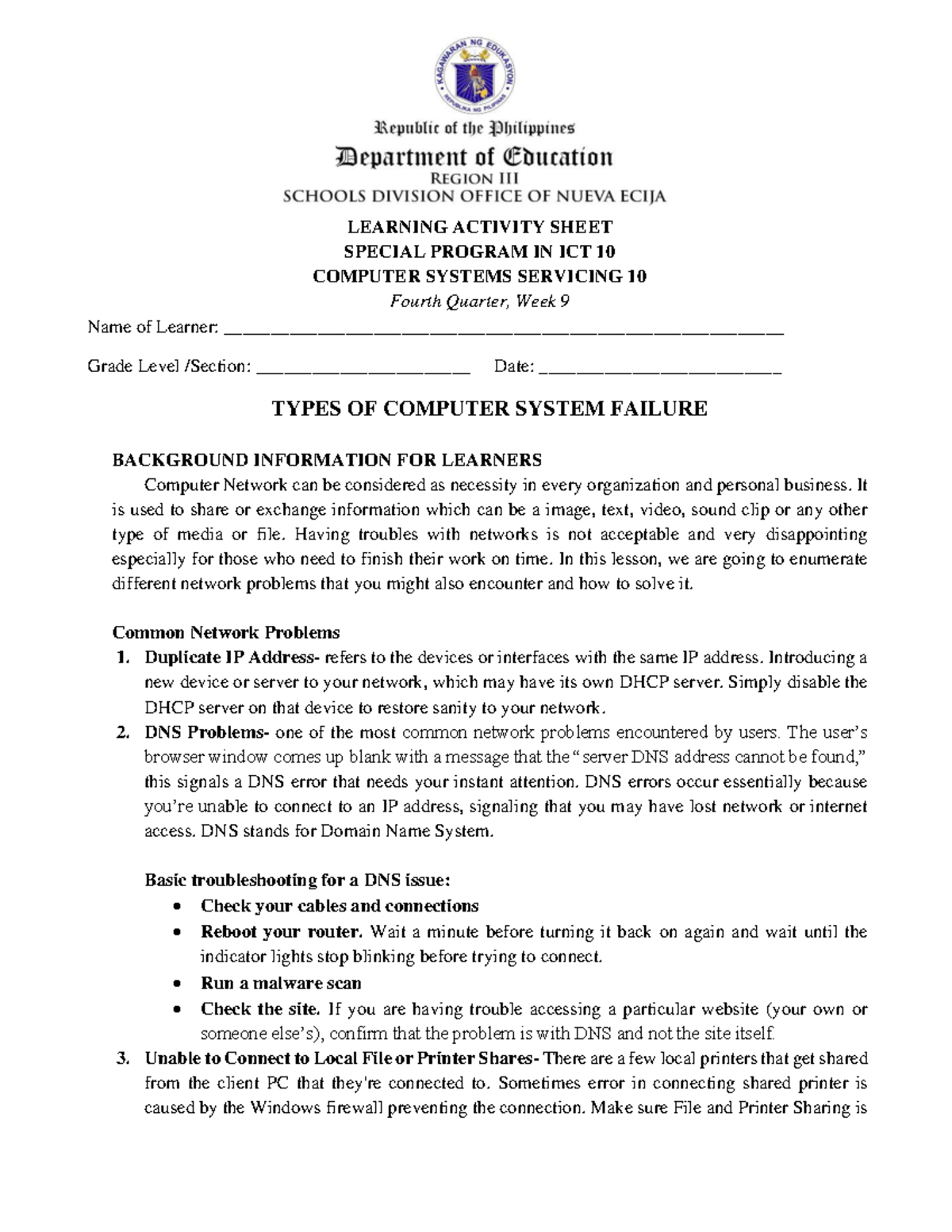 Week-9 - not - LEARNING ACTIVITY SHEET SPECIAL PROGRAM IN ICT 10 ...