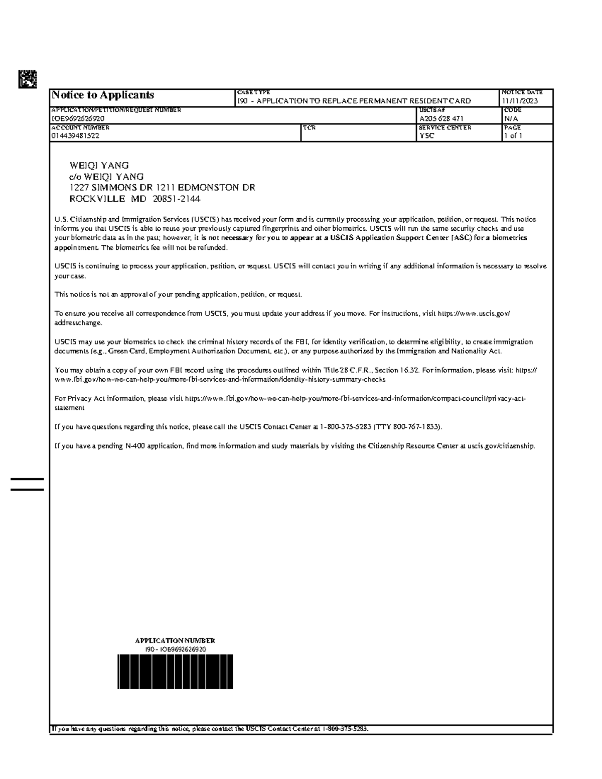 Biometric Reuse Biology notes Notice to Applicants CASE TYPE I90