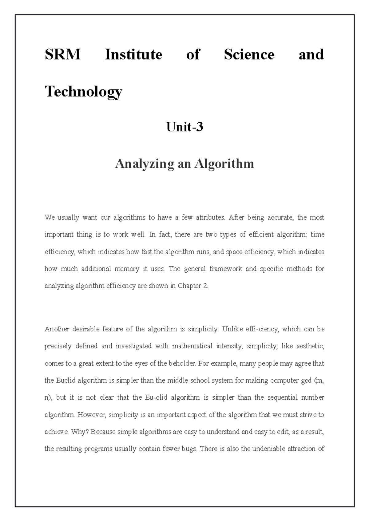 Analyzing an Algorithm - SRM Institute of Science and Technology Unit ...