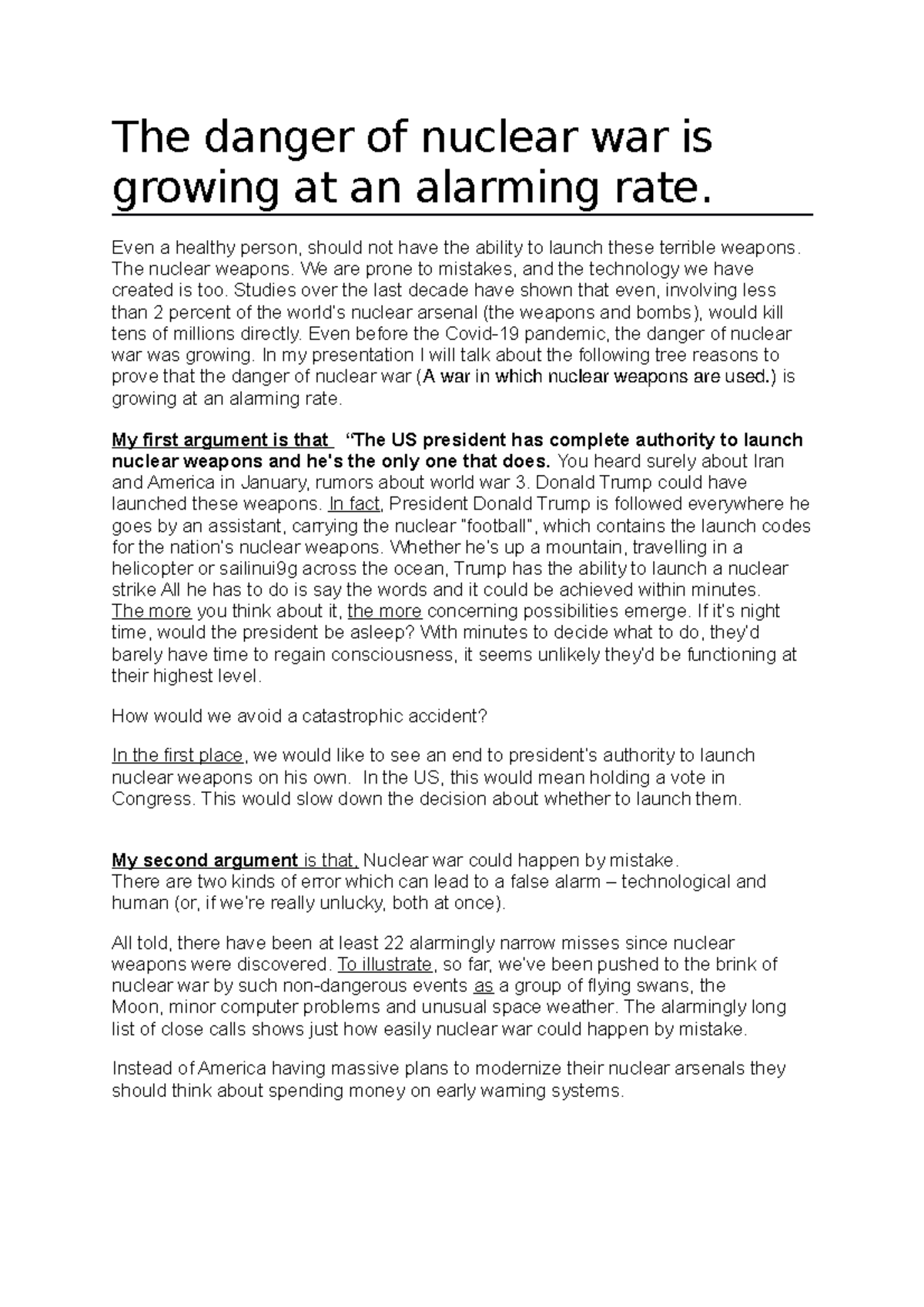 Nuclear War English Presentation The Danger Of Nuclear War Is Growing