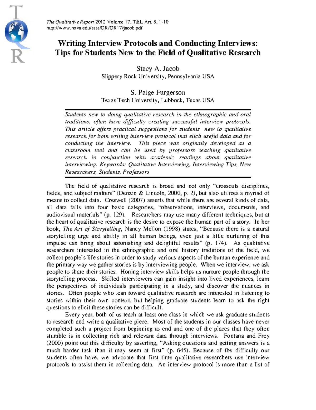 Writing Interview Protocols and Conducting Interviews - The Qualitative ...