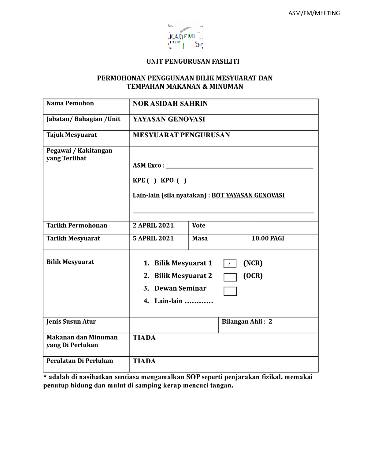 Borang Permohonan Penggunaan Bilik Mesyuarat 003 Mesy Yg April 2021