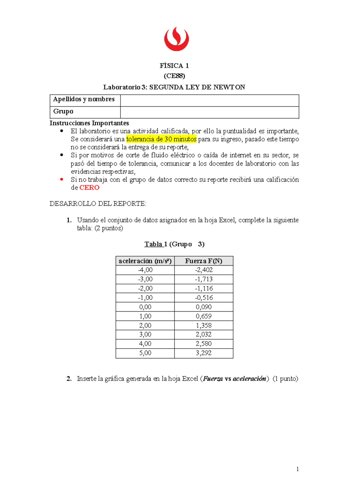 Reporte De Laboratorio 3 FÍsica 1 Ce88 Laboratorio 3 Segunda Ley