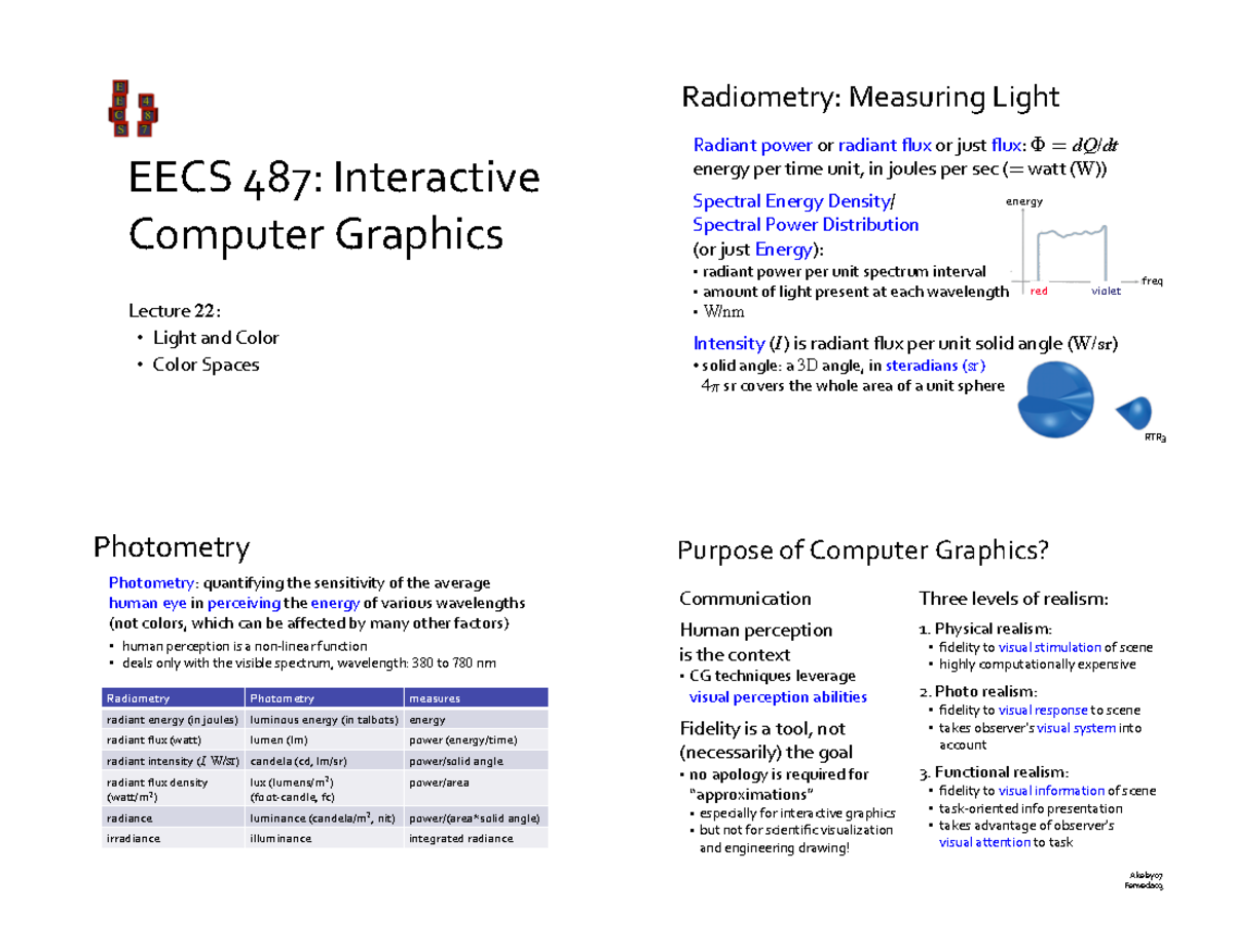 Lecture notes, lecture 22 - Radiometry: Measuring Light EECS 487 ...