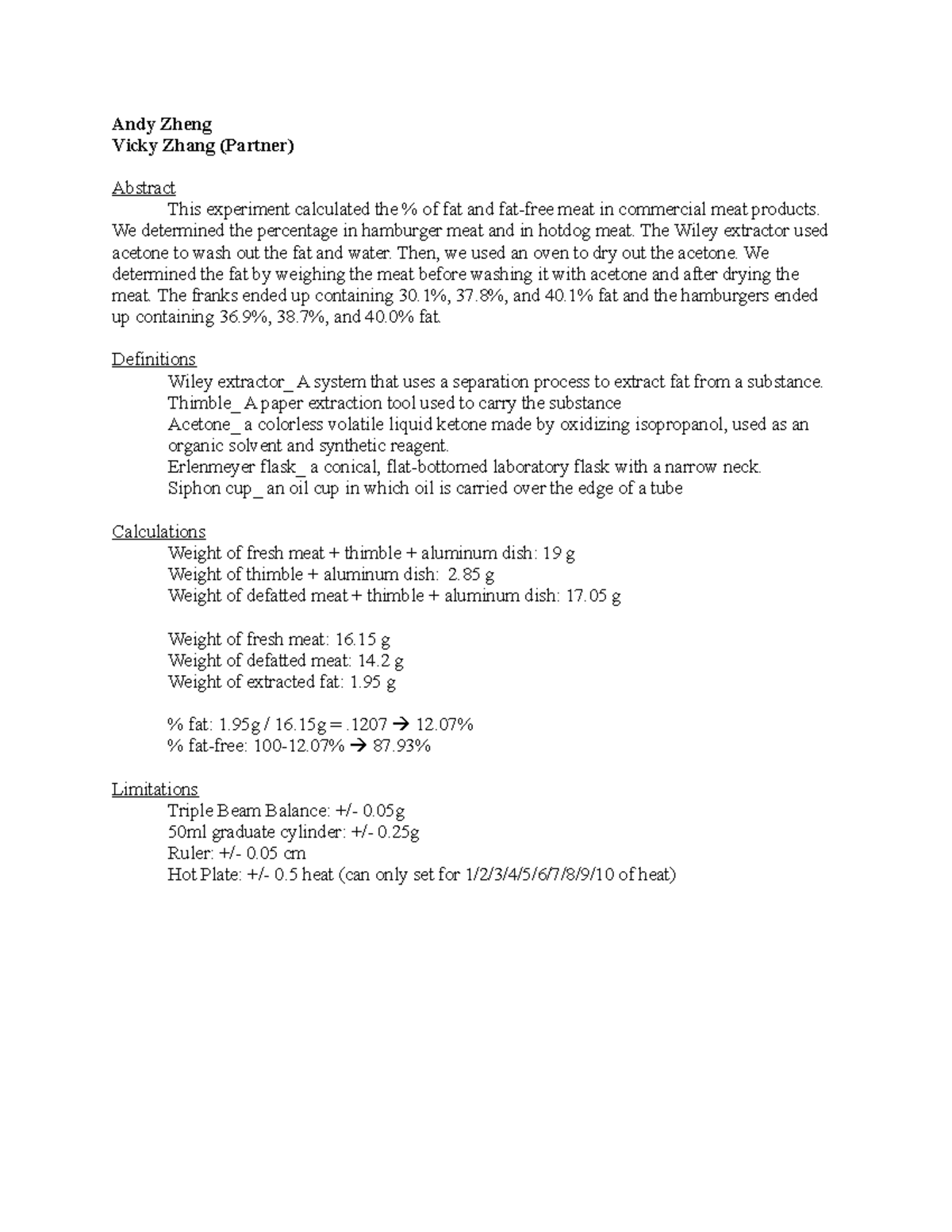 Fat Lab lab work Andy Zheng Vicky Zhang (Partner) Abstract This