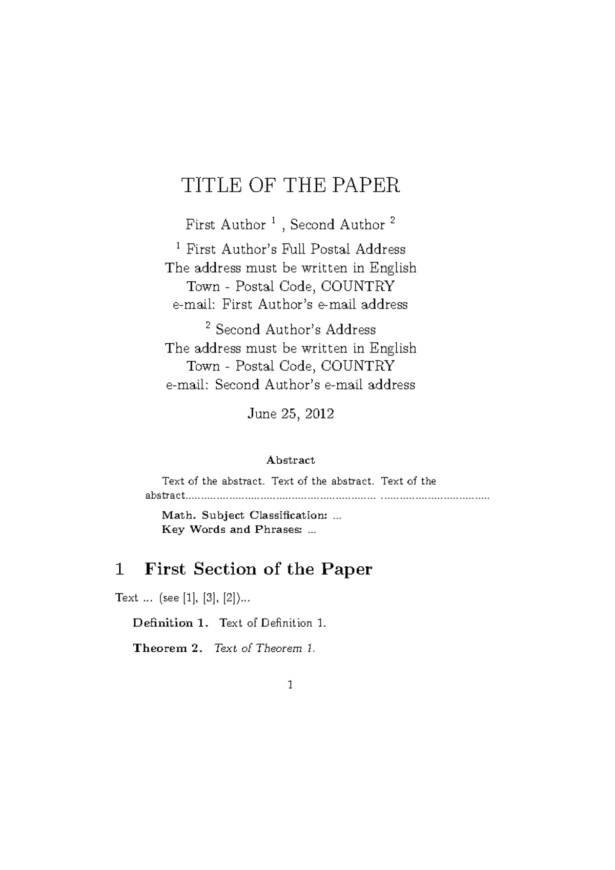 La Te X-sample-IJAM - Text Book - TITLE OF THE PAPER First Author 1 ...