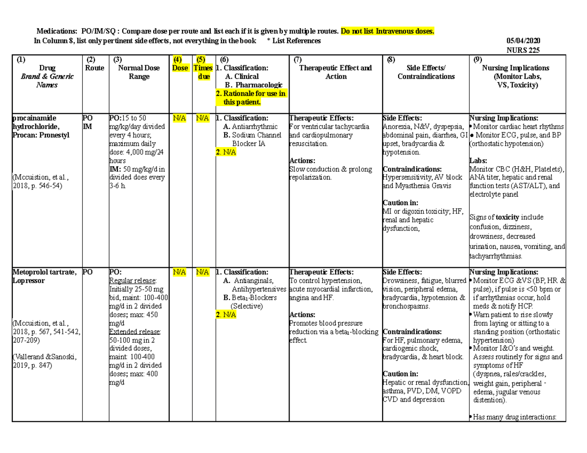 Prototype Med Sheet Assignment - Medications: PO/IM/SQ : Compare dose ...