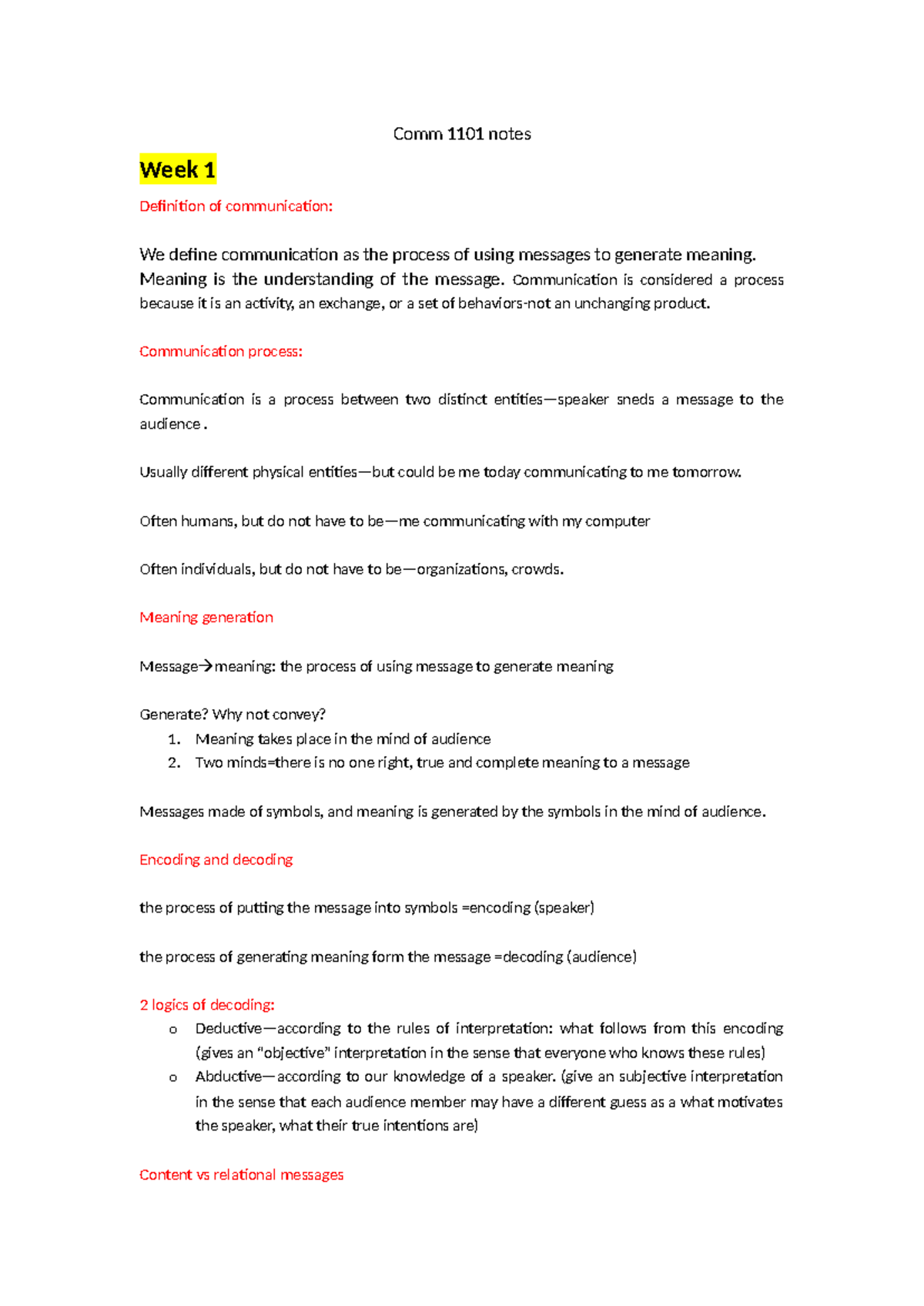 Comm 1101 notes - Comm 1101 notes Week 1 Definition of communication ...