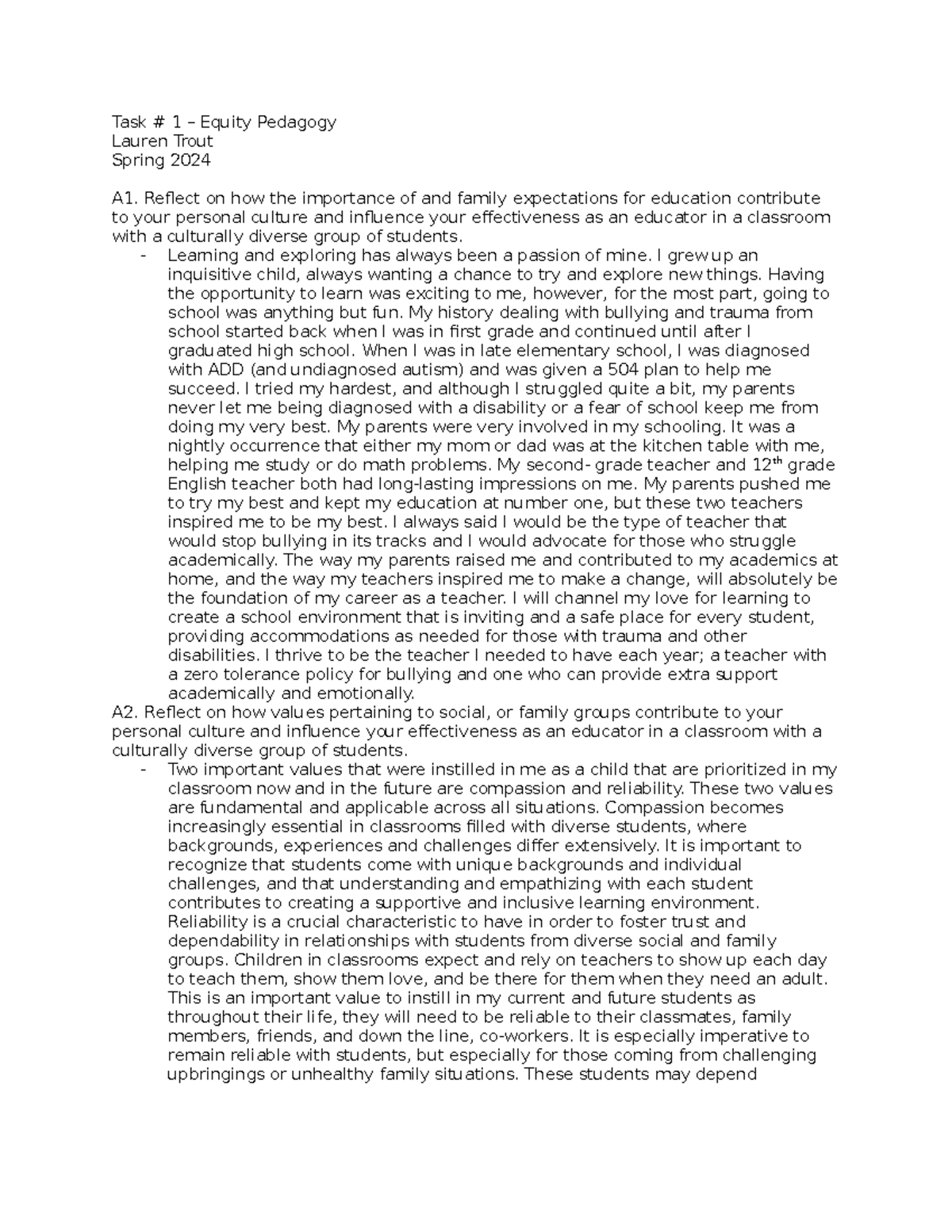 Task 1 Equity Pedagogy Task 1 Equity Pedagogy Lauren Trout Task 1 Equity Pedagogy Task 1 Equity Pedagogy Lauren Trout