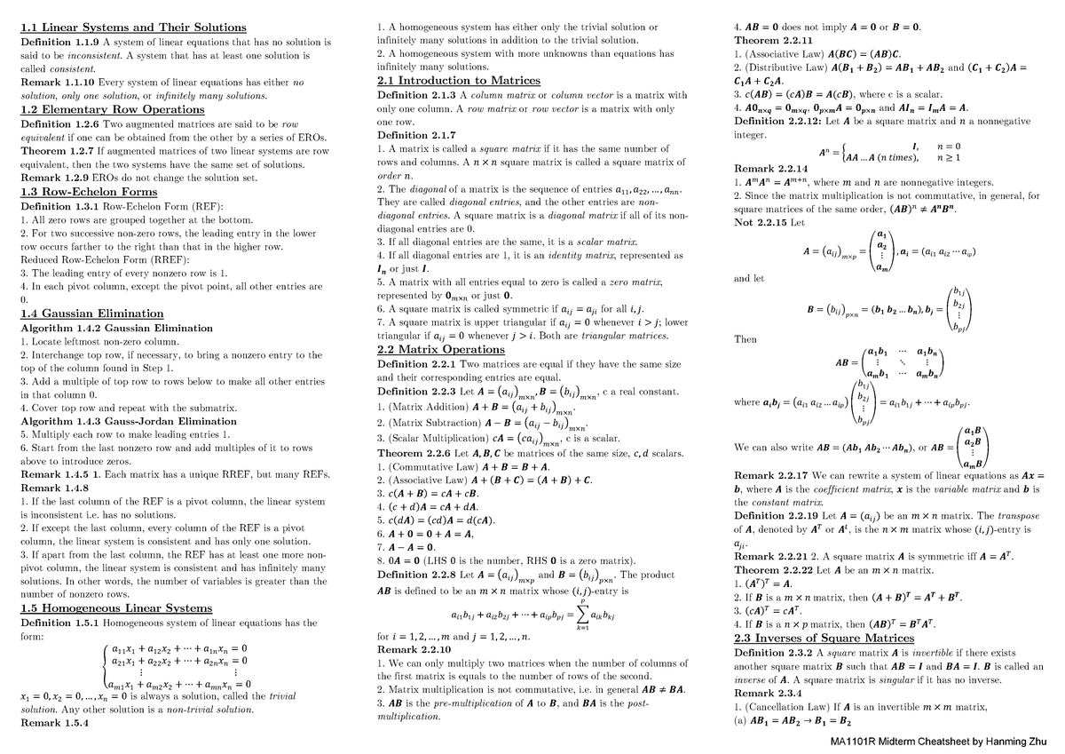 MA1101R Midterms Cheatsheet - 1 Linear Systems And Their Solutions ...