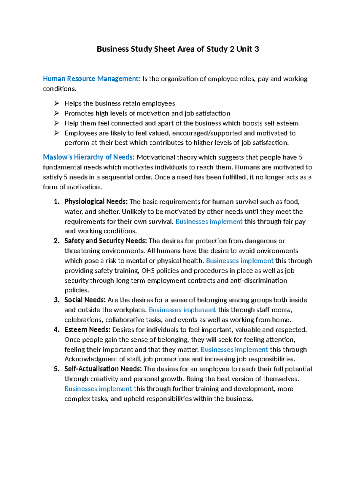 Business Area of study 2 summary sheet - Business Study Sheet Area of ...