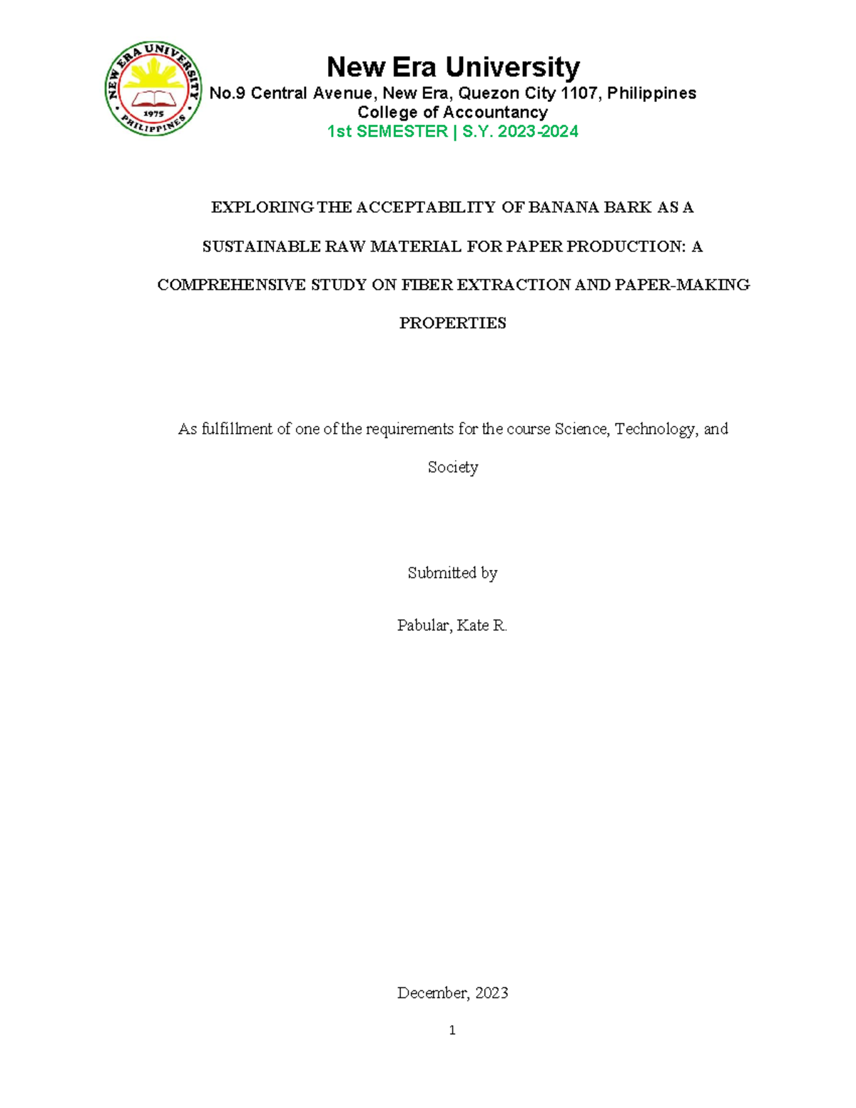 Pabular Research Project - New Era University No Central Avenue, New ...