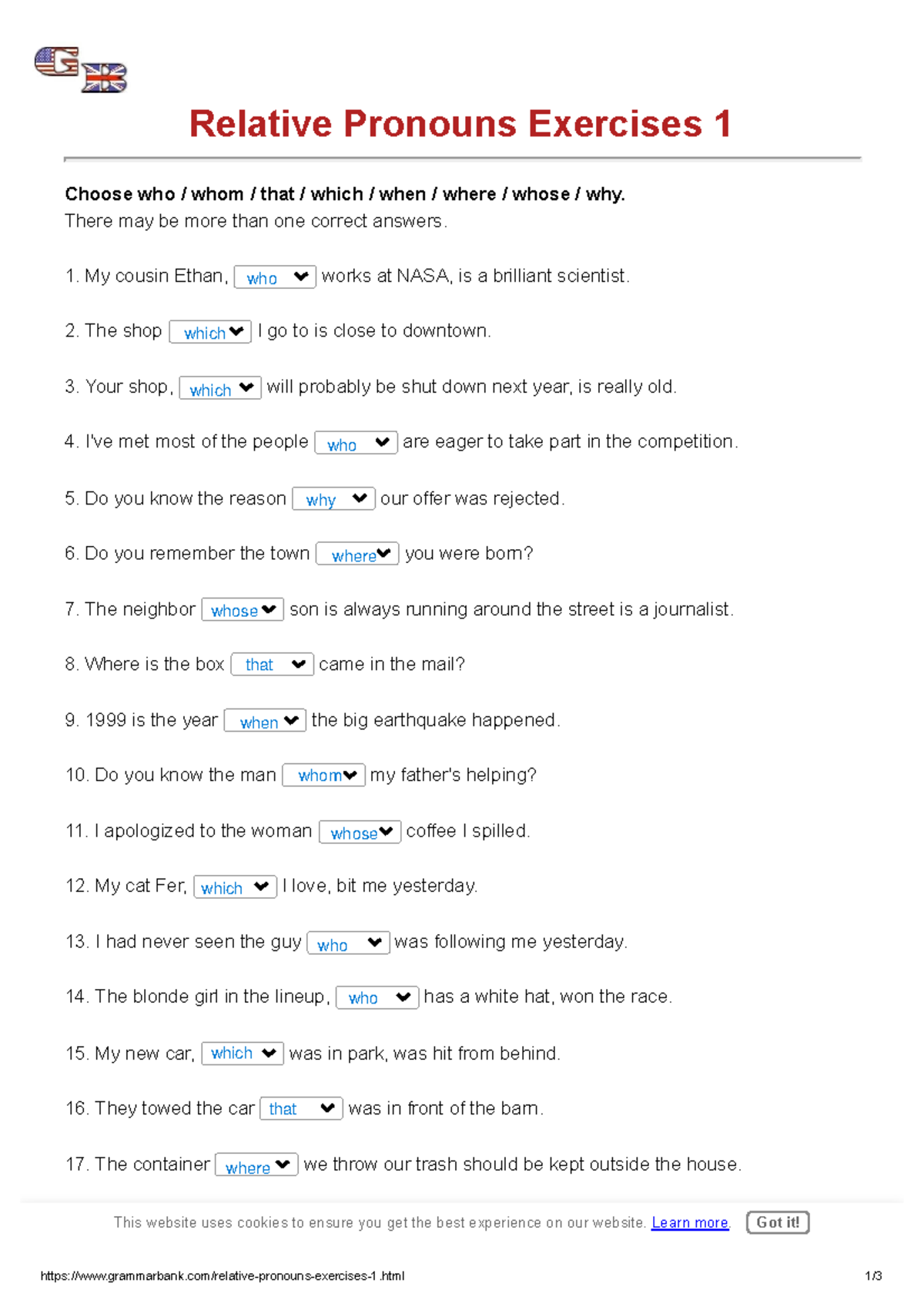 Relative Pronouns Exercises answer - grammarbank/relative-pronouns ...