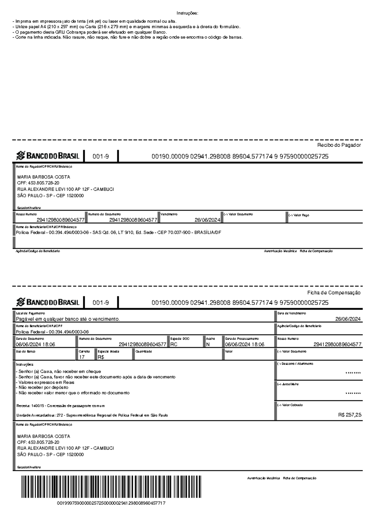 Protocolo - Instruções: Ficha de Compensação 001-9 00190 02941 89604 9 ...
