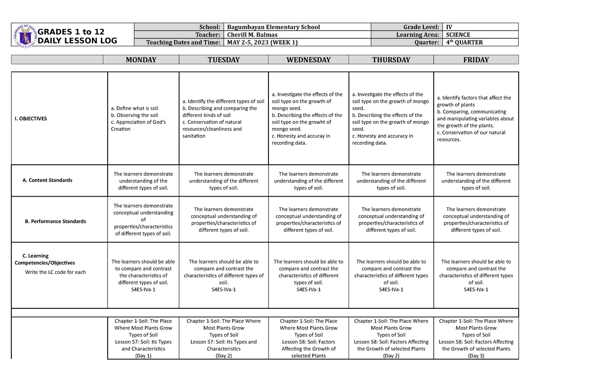 DLL Science 4 Q4 W1 - ambot kun nano ini - GRADES 1 to 12 DAILY LESSON ...