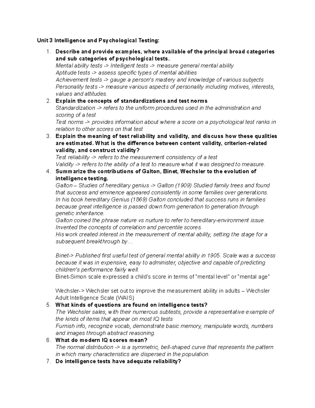 Psyc 290 - final prep - notes - Unit 3 Intelligence and Psychological ...