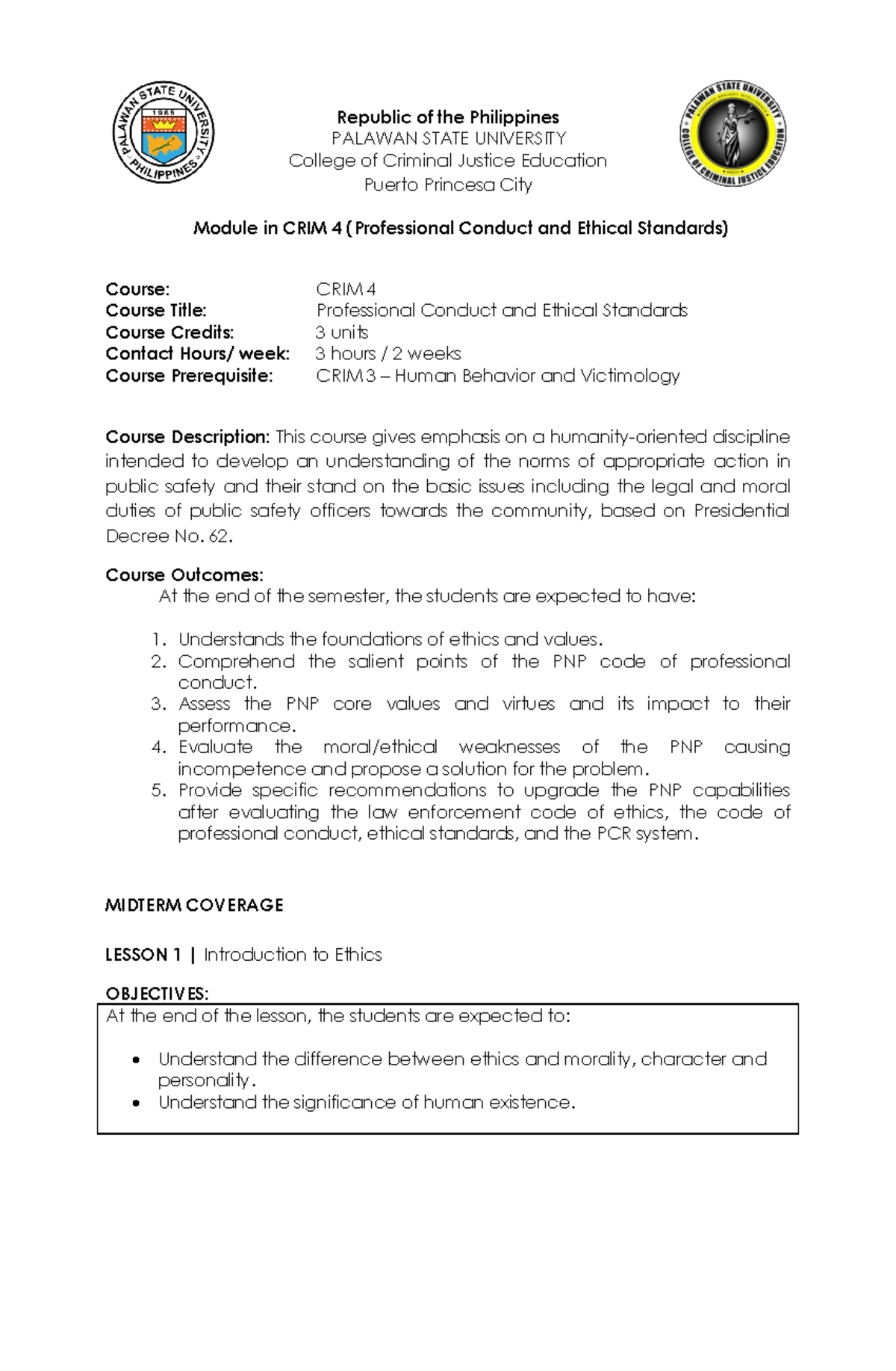 Module IN CRIM 4 Lesson 1 - Republic Of The Philippines PALAWAN STATE ...