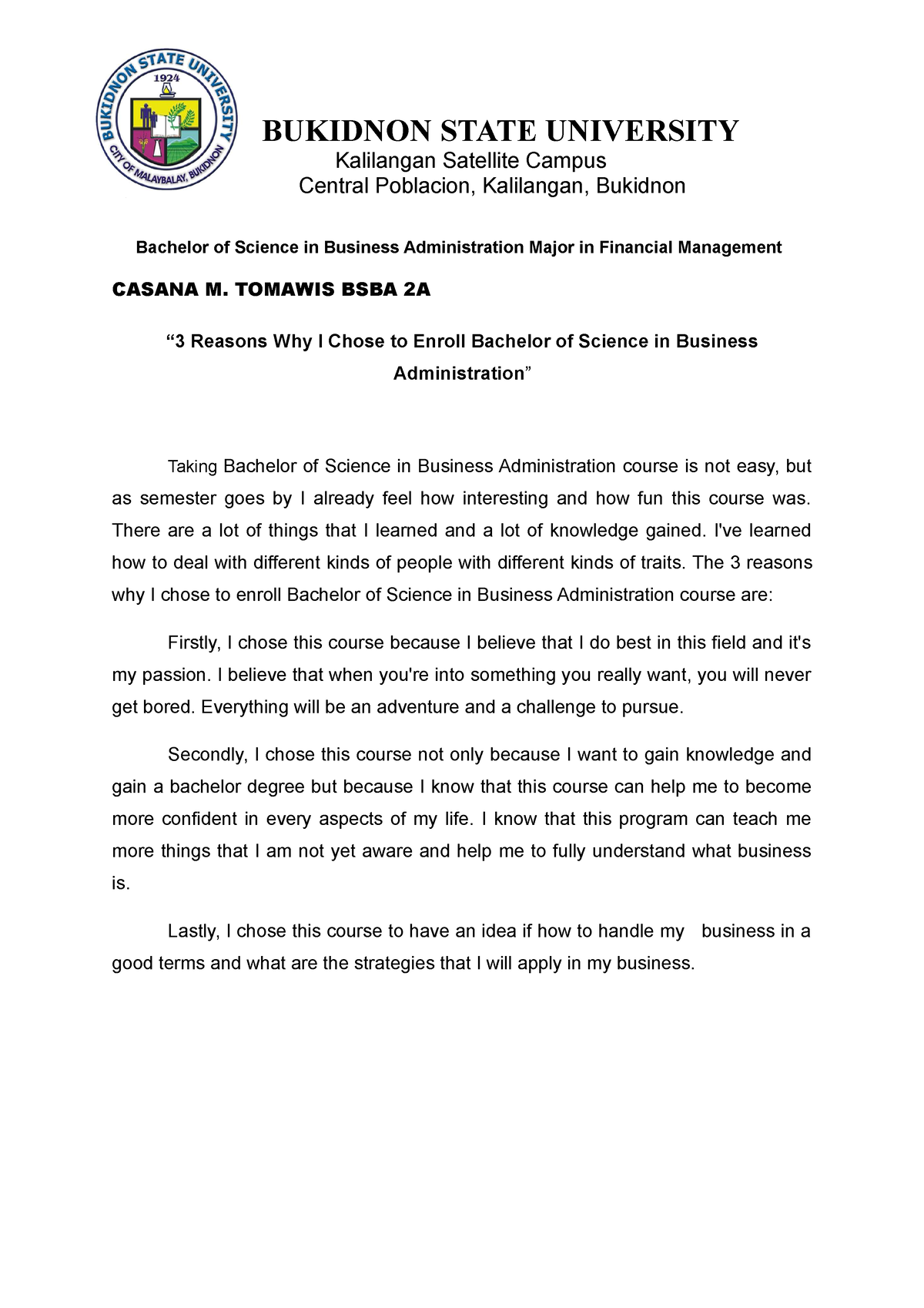 BSBA2 Essay Intro - BUKIDNON STATE UNIVERSITY Kalilangan Satellite ...