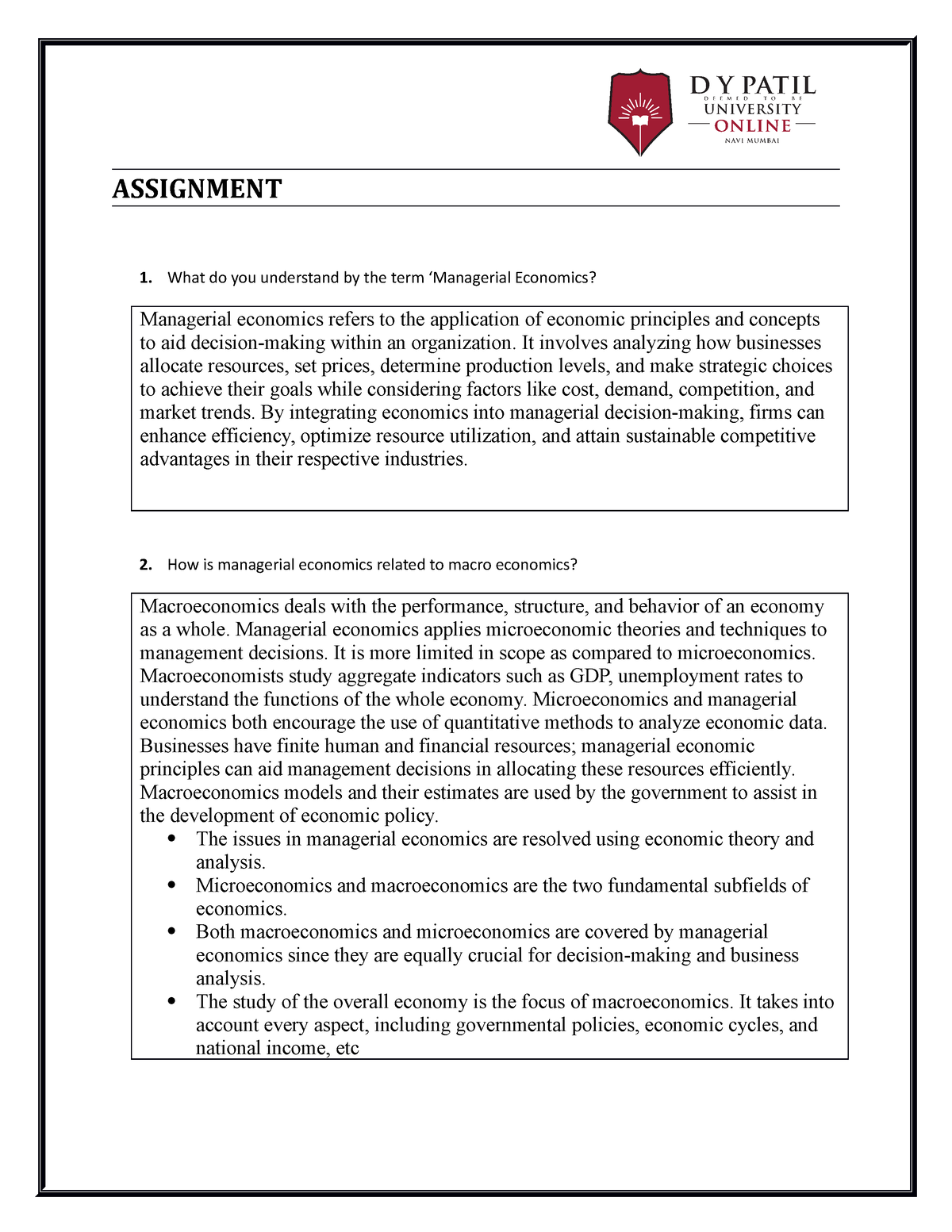 mba 103 managerial economics assignment 1